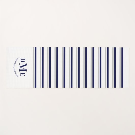 ネイビーブルーグレーストライプクラシックモノグラムエクササイズ ヨガマット (正面(横))