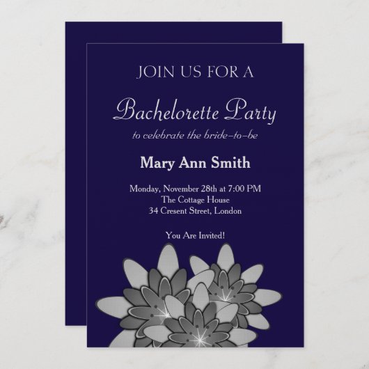 ネイビーブルーグレーフローラロータス 招待状 (正面/裏面)