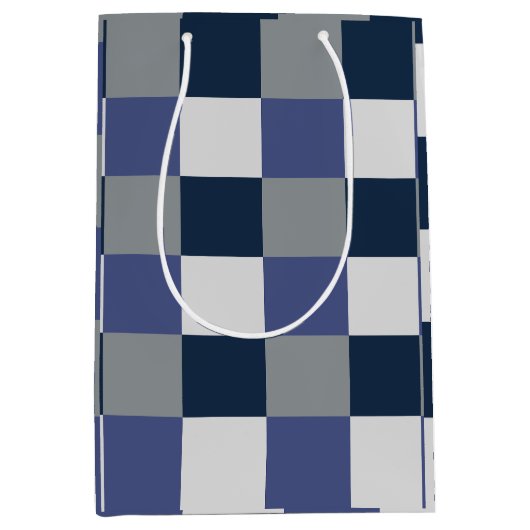ネイビーブルーグレーホワイトチェッカーボード ミディアムペーパーバッグ (正面)