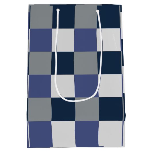 ネイビーブルーグレーホワイトチェッカーボード ミディアムペーパーバッグ (裏面)