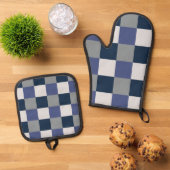 ネイビーブルーグレーホワイトチェッカーボード 鍋つかみ&鍋敷きセット (トップダウン)