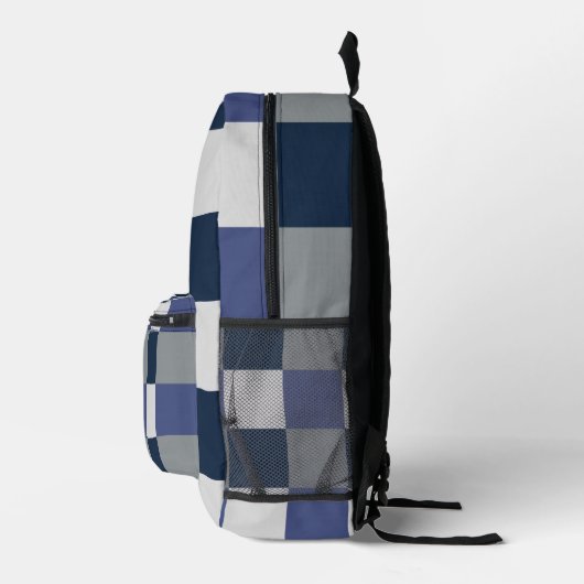 ネイビーブルーグレーホワイトチェッカーボ市松模様にード プリントバックパック (右)