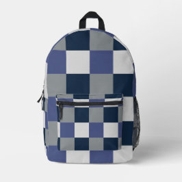 ネイビーブルーグレーホワイトチェッカーボ市松模様にード プリントバックパック