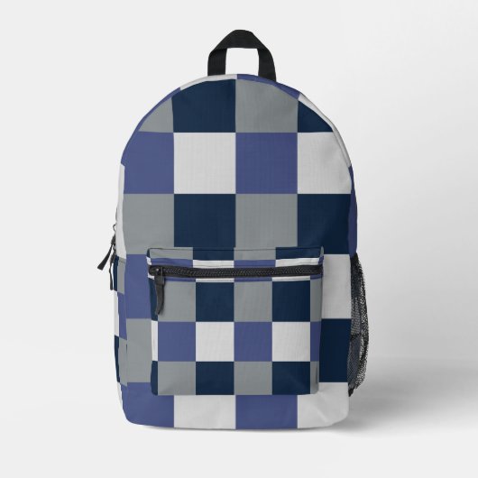 ネイビーブルーグレーホワイトチェッカーボ市松模様にード プリントバックパック (正面)