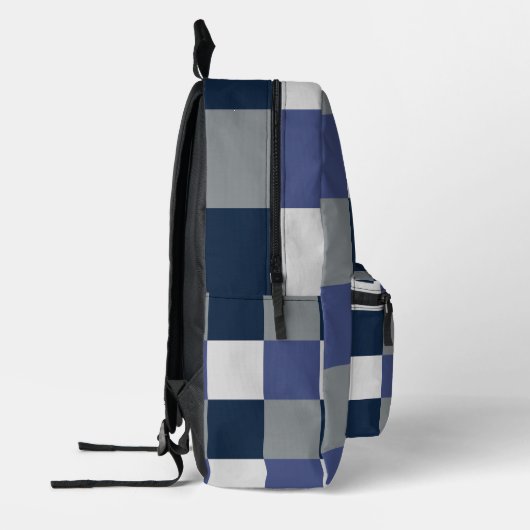 ネイビーブルーグレーホワイトチェッカーボ市松模様にード プリントバックパック (左)