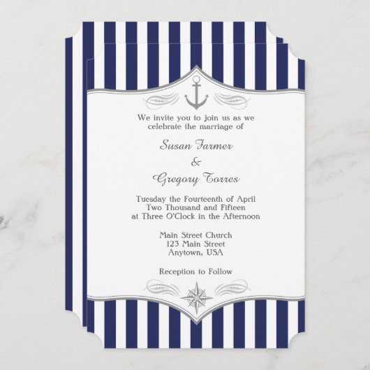 ネイビーブルーグレー航海の結婚式招待状 招待状 (正面/裏面)