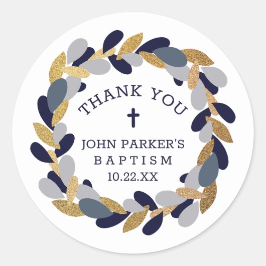 ネイビーブルーグレー金ゴールドリースバプテスマ感謝していスユー ラウンドシール (正面)