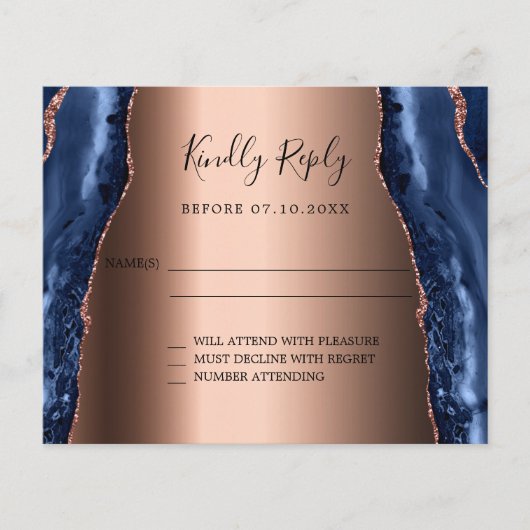 ネイビーブルーゲートバラ金ゴールド予算結婚式RSVP (正面)