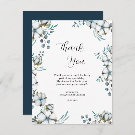 ネイビーブルーコットンフラワーユーカリブライダルシャワー サンキューカード (正面/裏面)