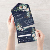 ネイビーブルーコットン金ゴールドユーカリ結婚スブランチ オールインワン招待状 (貼ってはがせる)