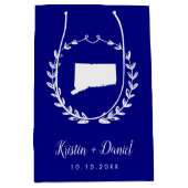 ネイビーブルーコネチカット結婚ト地図の歓迎スワッグ ミディアムペーパーバッグ (正面)