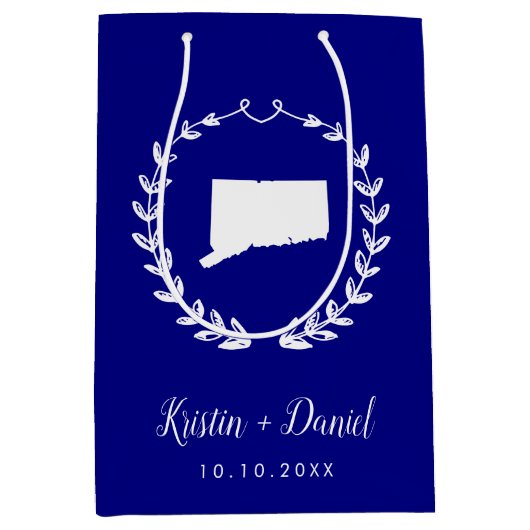 ネイビーブルーコネチカット結婚ト地図の歓迎スワッグ ミディアムペーパーバッグ (正面)