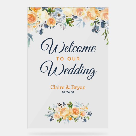 ネイビーブルーコーラルウォーターフローラ結婚ズウェルカム アクリルサイン (正面)