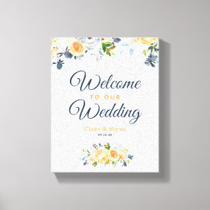 ネイビーブルーコーラルウォーターフローラ結婚ズウェルカム キャンバスプリント