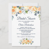 ネイビーブルーコーラルウォーター色フローラブライダルシャワー 招待状 (正面)