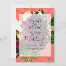 ネイビーブルーコーラルエレガント結婚モダンフローラ 招待状