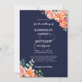 ネイビーブルーコーラルピンクの水色エレガントな結婚式 招待状 (正面)