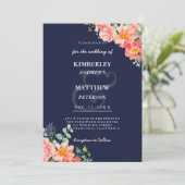 ネイビーブルーコーラルピンクの水色エレガントな結婚式 招待状 (スタンド正面)