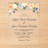 ネイビーブルーコーラルピーチウォーターフローラ結婚ズ アクリル招待状 (正面)