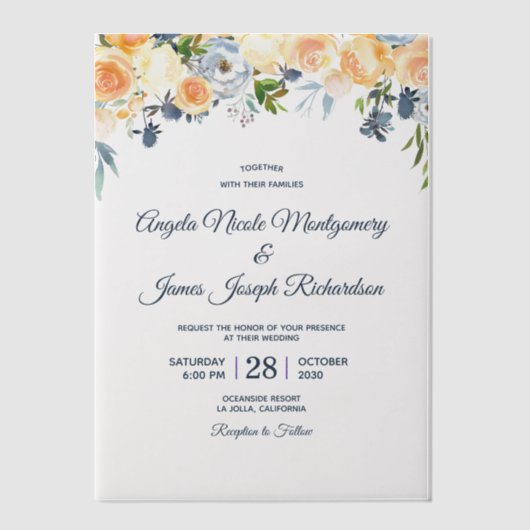 ネイビーブルーコーラルピーチウォーターフローラ結婚ズ ベラム紙招待状 (正面)