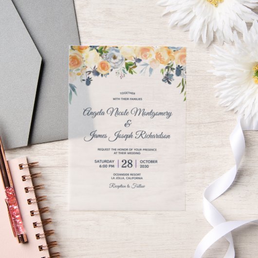 ネイビーブルーコーラルピーチウォーターフローラ結婚ズ ベラム紙招待状 (ウェディング)