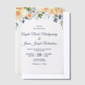 ネイビーブルーコーラルピーチウォーターフローラ結婚ズ ベラム紙招待状 (オフセット)