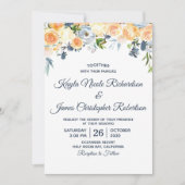 ネイビーブルーコーラルピーチウォーターフローラ結婚ズ 招待状 (正面)