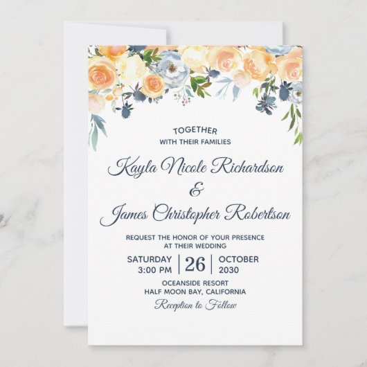 ネイビーブルーコーラルピーチウォーターフローラ結婚ズ 招待状 (正面)