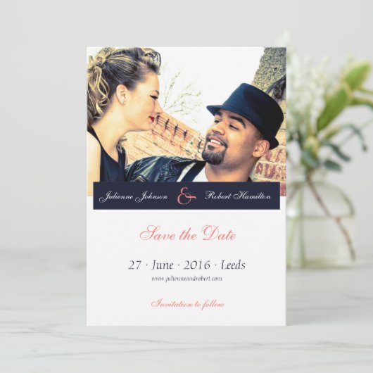 ネイビーブルーコーラルフォトウェディング日付保存 セーブザデート (スタンド正面)