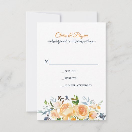 ネイビーブルーコーラルフローラウェディングRSVPカード 招待状 (裏面)