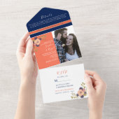 ネイビーブルーコーラルフローラ結婚写真 オールインワン招待状 (貼ってはがせる)