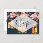 ネイビーブルーコーラルランタンフローラRSVP 出欠カード (正面/裏面)