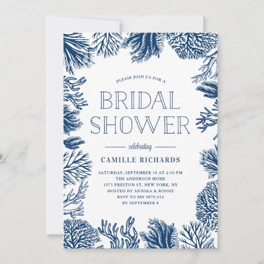 ネイビーブルーコーラルリーフフレーム航海のブライダルシャワー 招待状 (正面)