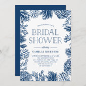 ネイビーブルーコーラルリーフフレーム航海のブライダルシャワー 招待状 (正面/裏面)