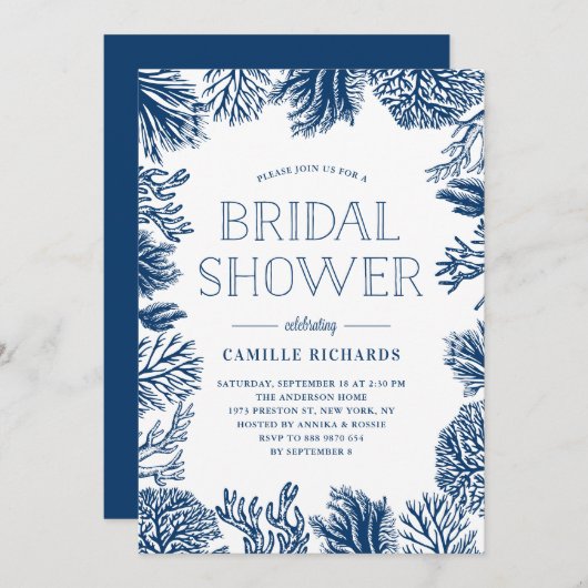 ネイビーブルーコーラルリーフフレーム航海のブライダルシャワー 招待状 (正面/裏面)
