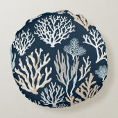 ネイビーブルーコーラルリーフ海洋生物海コースト ラウンドクッション (裏面)
