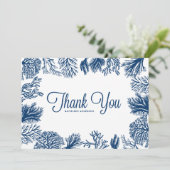 ネイビーブルーコーラルリーフ結婚フレーム夏 サンキューカード (スタンド正面)