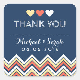 ネイビーブルーコーラル結婚シェブロンありがとうステッカー スクエアシール