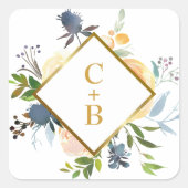 ネイビーブルーコーラル金ゴールドウォーターカラーフローラ結婚ズ スクエアシール (正面)