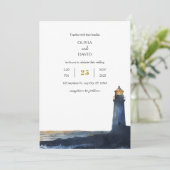 ネイビーブルーゴールデンサンセットライトハウスビーチ結婚式 招待状 (スタンド正面)