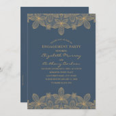 ネイビーブルーゴールデンレース婚約パーティエレガント 招待状 (正面/裏面)