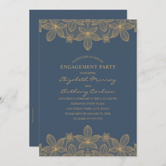 ネイビーブルーゴールデンレース婚約パーティエレガント 招待状 (正面/裏面)