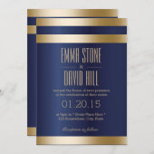 ネイビーブルーゴールドストライプフォイル結婚ズ 招待状 (正面/裏面)