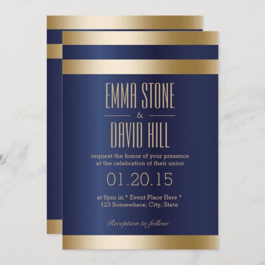 ネイビーブルーゴールドストライプフォイル結婚ズ 招待状 (正面/裏面)