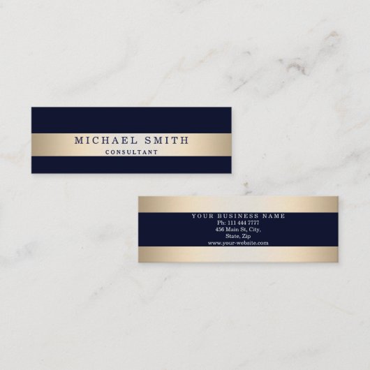 ネイビーブルーゴールドフェイクフォイルのパーソナライズストライプの スキニー名刺 (正面/裏面)