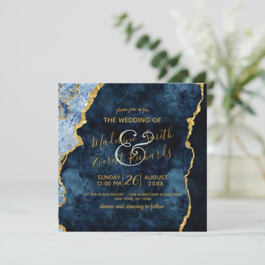 ネイビーブルーゴールドフォイルアガテギルト結婚式招待状 招待状 (スタンド正面)