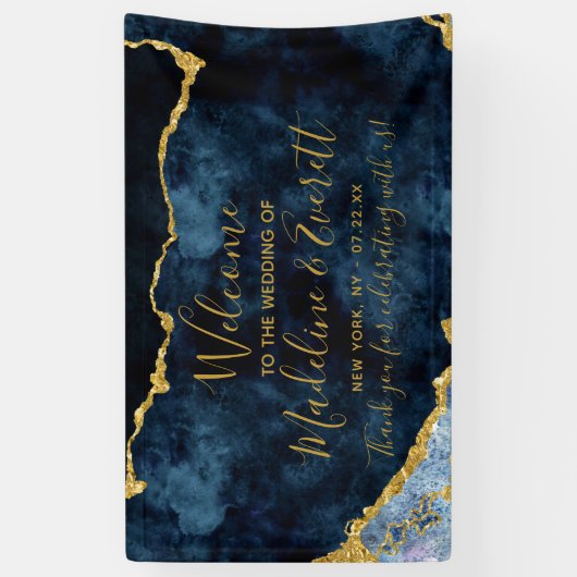 ネイビーブルーゴールドフォイルアゲートマーブル結婚の歓迎 横断幕 (縦)
