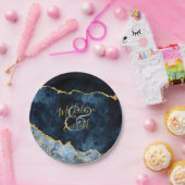 ネイビーブルーゴールドフォイルアゲートマーブル結婚ズモノグラム ペーパープレート (パーティー)