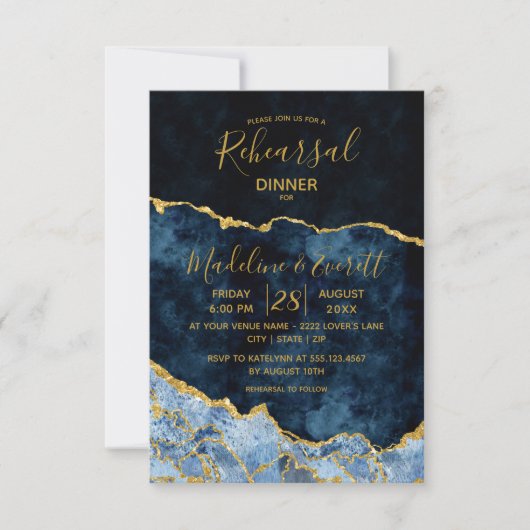 ネイビーブルーゴールドフォイルアゲート結婚ズのリハーサルディナー 招待状 (正面)