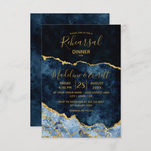 ネイビーブルーゴールドフォイルアゲート結婚ズのリハーサルディナー 招待状 (正面/裏面)
